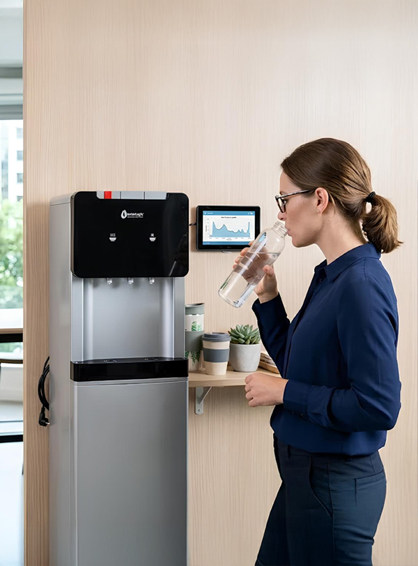 Su arıtma sistemi kullanan kadın